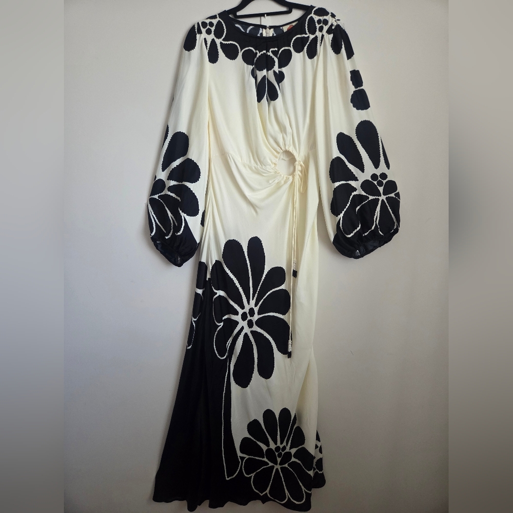 FARM Rio Palermo Cutout Long Sleeve Maxi Dress in Black/Off-White M Retro NWT - Picture 8 of 15